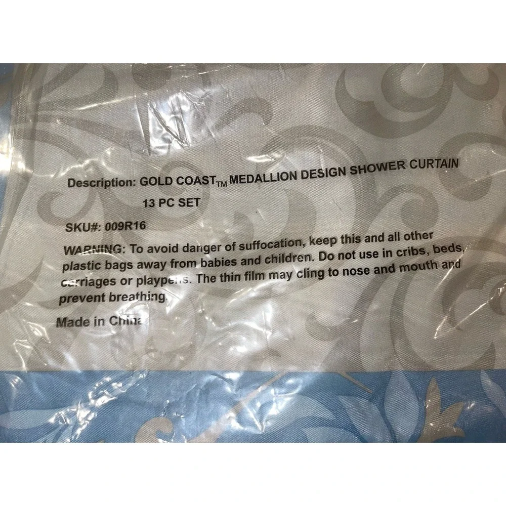Vintage Gold Coast Blue Beige White Shower Curtain & Hooks Set‎ 13 Piece NEW